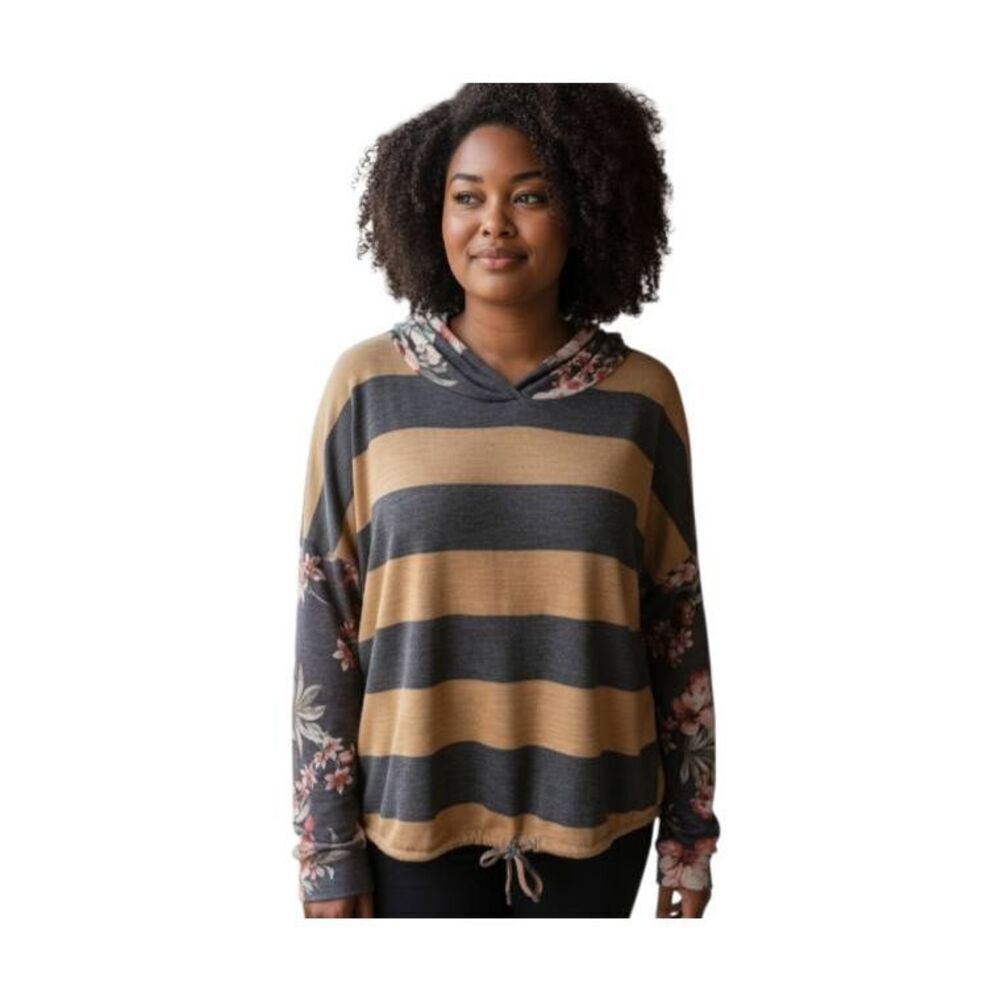 ACTING PRO FLORAL & STRIPE GRAY, YELLOW, & PINK HOODIE SZ.2XL EUC.